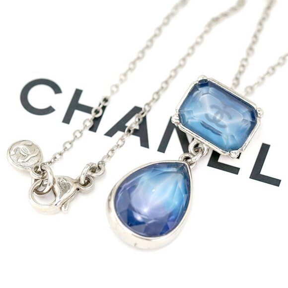 CHANEL CC Logo Blue Rhineston Teardrop Square Necklace 23" Silver Tone 18S Auth - Picture 1 of 6